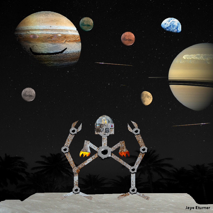 A robot stands on a barren surface. There are many planets in the sky above, one of which has a grinning face. Everything is made of photorealistic elements.