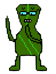 An unhappy-looking green alien.