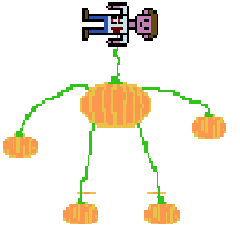 A figure made of pumpkins, with a blank-faced man for its head.